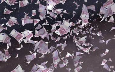 Uzay yıldızlı arka planda euro banknotları uçurmak. Uzayda para uçuyor. 500 EURO renkli. 3B illüstrasyon