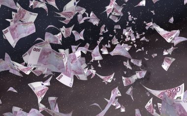 Uzay yıldızlı arka planda euro banknotları uçurmak. Uzayda para uçuyor. 500 EURO renkli. 3B illüstrasyon