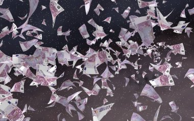 Uzay yıldızlı arka planda euro banknotları uçurmak. Uzayda para uçuyor. 500 EURO renkli. 3B illüstrasyon