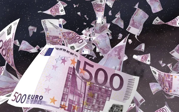 Uzay yıldızlı arka planda euro banknotları uçurmak. Uzayda para uçuyor. 500 EURO renkli. 3B illüstrasyon