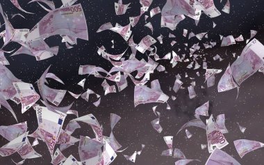 Uzay yıldızlı arka planda euro banknotları uçurmak. Uzayda para uçuyor. 500 EURO renkli. 3B illüstrasyon