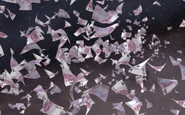 Uzay yıldızlı arka planda euro banknotları uçurmak. Uzayda para uçuyor. 500 EURO renkli. 3B illüstrasyon