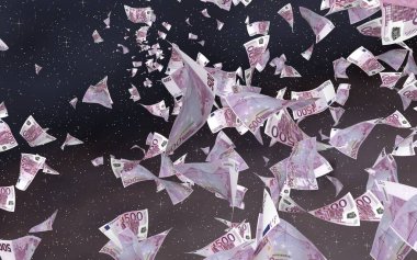 Uzay yıldızlı arka planda euro banknotları uçurmak. Uzayda para uçuyor. 500 EURO renkli. 3B illüstrasyon