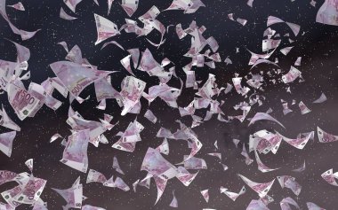 Uzay yıldızlı arka planda euro banknotları uçurmak. Uzayda para uçuyor. 500 EURO renkli. 3B illüstrasyon