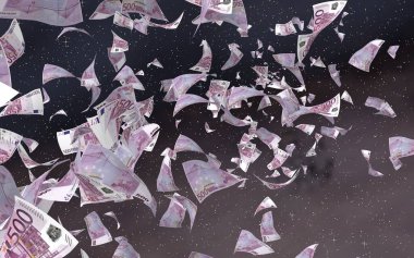 Uzay yıldızlı arka planda euro banknotları uçurmak. Uzayda para uçuyor. 500 EURO renkli. 3B illüstrasyon