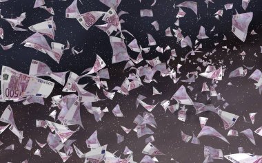 Uzay yıldızlı arka planda euro banknotları uçurmak. Uzayda para uçuyor. 500 EURO renkli. 3B illüstrasyon