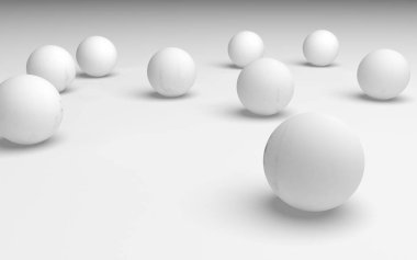 Beyaz soyut arka plan. Beyaz toplar beyaz arka planda izole edilmiş. 3B illüstrasyon