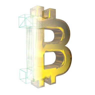 Bitcoin işareti, yeşil şebeke beyaz arka planda altına dönüşür. 3B illüstrasyon