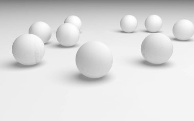 Beyaz soyut arka plan. Beyaz toplar beyaz arka planda izole edilmiş. 3B illüstrasyon