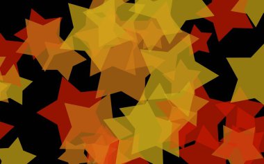 Koyu arkaplanda çok renkli saydam yıldızlar. Turuncu tonlar. 3B illüstrasyon