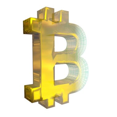 Bitcoin işareti, yeşil şebeke beyaz arka planda altına dönüşür. 3B illüstrasyon