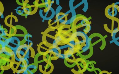 Koyu arka planda çok renkli yarı saydam dolar işaretleri. 3d illüstrasyon