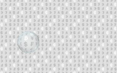 Gri arka planda Bitcoin ve para birimi. Dijital kripto para birimi sembolü. İş konsepti. Piyasa görüntüsü. 3B illüstrasyon