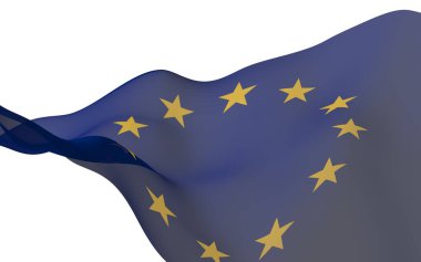 Avrupa Birliği 'nin bayrağı hafifçe sallanıyordu. Beyaz arka planda izole edilmiş, 3D görüntüleme. Avrupa 'nın sembolü. 3B illüstrasyon