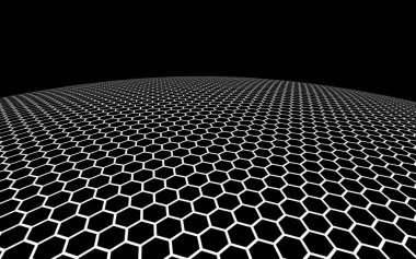 Koyu arkaplanda koyu bir bal peteği. Çokgenin perspektif görüntüsü bal peteğine benziyor. Top, gezegen, ağ, bal peteği ve hücrelerle kaplı. 3B illüstrasyon