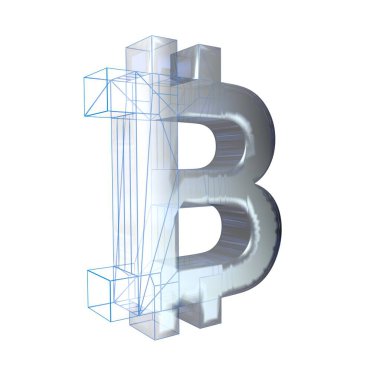 Bitcoin işareti, platin veya gümüş beyaz bir arka plan üzerinde mavi bir ızgara dönüşür. 3d illüstrasyon
