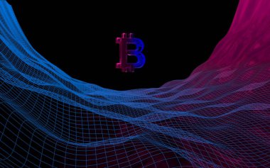 Soyut karanlık arka planda dijital para birimi sembolü Bitcoin. Kripto para piyasasının büyümesi. İş, finans ve teknoloji konsepti. 3d illüstrasyon