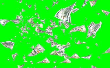 Kromakeyle izole edilmiş uçan dolar banknotları. Havada para uçuyor. 100 Amerikan doları yeni numune alıyor. 3B illüstrasyon
