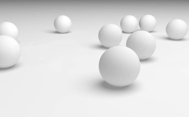 Beyaz soyut arka plan. Beyaz toplar beyaz arka planda izole edilmiş. 3B illüstrasyon