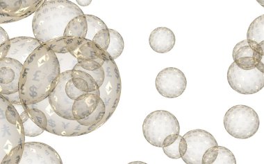 Ethereum ekonomik mali balonu. kripto para birimi 3d illüstrasyon. İş konsepti. Beyaz arka planda altın kabarcıklar