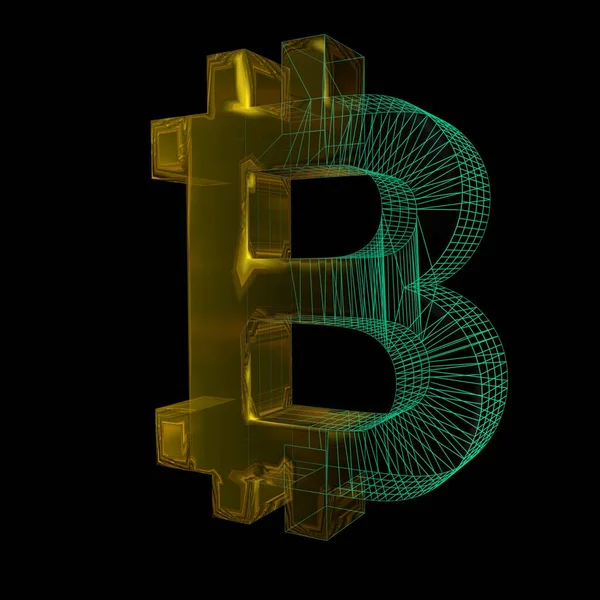 Signo Bitcoin Cuadrícula Verde Convierte Oro Sobre Fondo Negro Ilustración — Foto de Stock