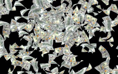 Dolar banknotlar uçan koyu arka plan üzerinde izole. Para havada uçuyor. 100 ABD banknotlar yeni örnek. 3D çizim