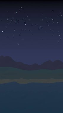 Yıldızlı aysız gökyüzü. Sahilde dalgalarla okyanus kıyısı. Dalgalar ile Ada plaj cenneti. Tatil, yaz, rahatlama. Deniz manzarası, deniz kıyısı. Minimalist manzara, ilkellik. 3d illüstrasyon