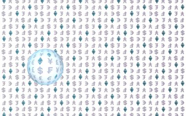 Ethereum kristal ve para beyaz bir arka plan üzerinde. Dijital kripto sembolü. Döviz dalga etkisi, piyasa dalgalanmaları. İş konsepti. 3d illüstrasyon