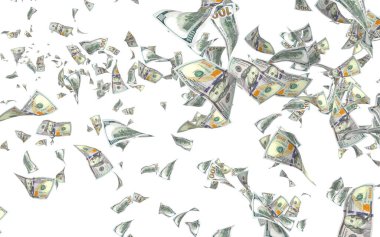 Uçan paralar beyaz arka planda izole edilmiş. Havada para uçuyor. 100 Amerikan doları yeni numune alıyor. 3B illüstrasyon