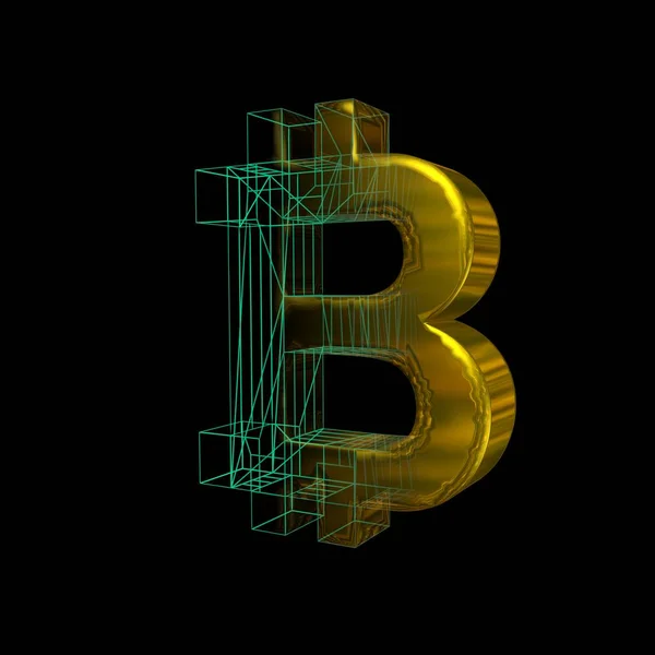 Bitcoin Tecken Det Gröna Nätet Förvandlas Till Guld Svart Bakgrund — Stockfoto