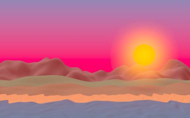 Sun Sea Beach. Sunrise. Sahilde dalgalarla okyanus kıyısı. Dalgalar ile Ada plaj cenneti. Tatil, yaz, rahatlama. Deniz manzarası, deniz kıyısı. Minimalist manzara, ilkellik. 3d illüstrasyon