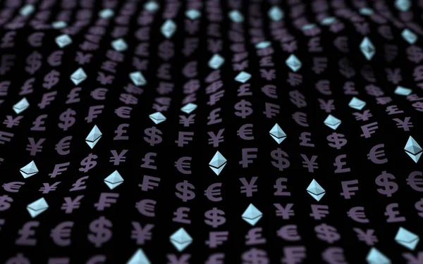Ethereum Crystal Och Valuta Mörk Bakgrund Symbol För Digital Krypto — Stockfoto