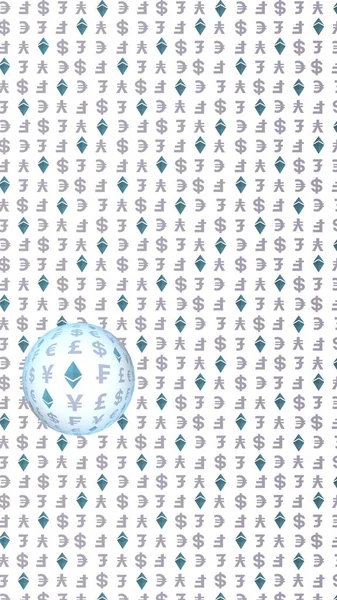Ethereum kristal ve para beyaz bir arka plan üzerinde. Dijital kripto sembolü. Döviz dalga etkisi, piyasa dalgalanmaları. İş konsepti. 3d illüstrasyon