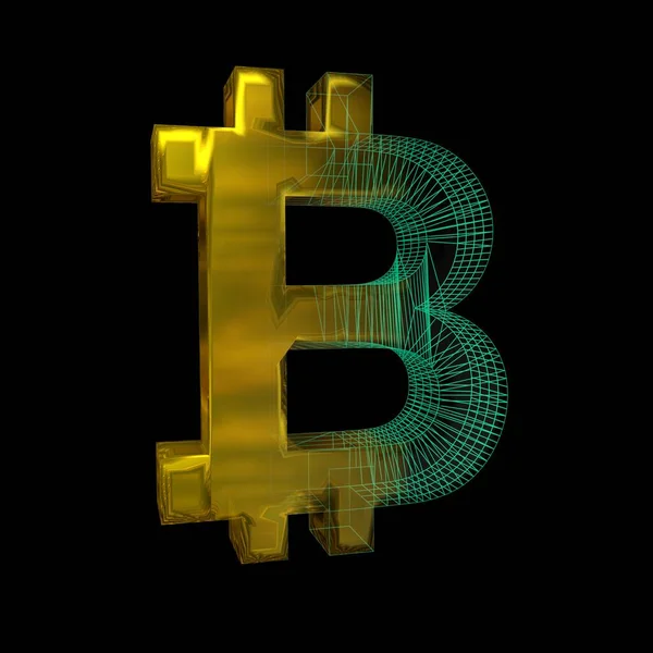 Signo Bitcoin Cuadrícula Verde Convierte Oro Sobre Fondo Negro Ilustración — Foto de Stock