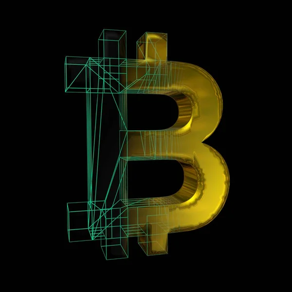 Signo Bitcoin Cuadrícula Verde Convierte Oro Sobre Fondo Negro Ilustración — Foto de Stock