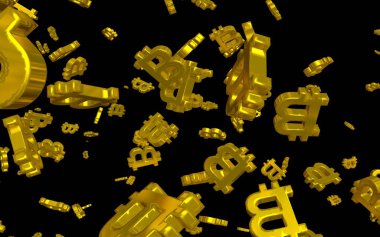 Karanlık bir arka planda dijital para birimi sembolü Bitcoin. Bitcoin düşüşü. Sanal ekranda kripto para birimi grafiği. İş, finans ve teknoloji kavramı. 3B illüstrasyon