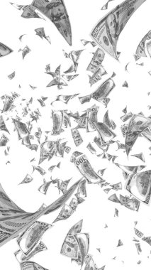 Dolar banknotlar uçan beyaz arka plan üzerinde izole. Para havada uçuyor. 100 ABD banknotlar yeni örnek. Siyah ve beyaz tarzı. 3D çizim