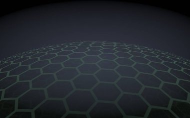 Çok katmanlı petek küresi, siyah arka planda mavi, sosyal ağ, bilgisayar ağı, teknoloji, küresel ağ. 3d illüstrasyon