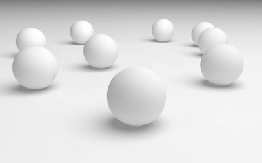 Beyaz soyut arka plan. Beyaz toplar beyaz arka planda izole edilmiş. 3B illüstrasyon