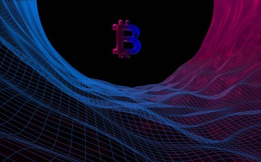Soyut karanlık arka planda dijital para birimi sembolü Bitcoin. Kripto para piyasasının büyümesi. İş, finans ve teknoloji konsepti. 3d illüstrasyon