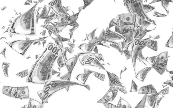 在白色背景下 钞票被孤立 钱在空中飞翔 100美国纸币新样品 黑白相间的风格 — 图库照片