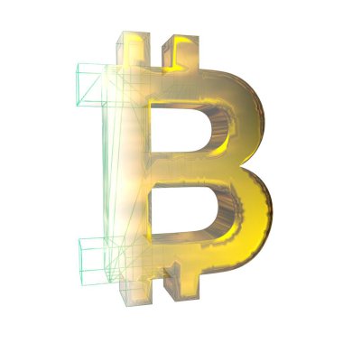 Bitcoin işareti, yeşil şebeke beyaz arka planda altına dönüşür. 3B illüstrasyon