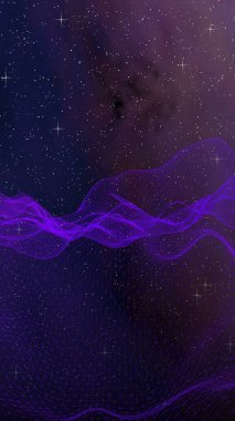 Karanlık bir arka planda soyut ultraviyole manzara. Mor siber uzay şebekesi. Merhaba teknoloji ağı. Uzay boşluğu. Mor yıldızlı uzay dokusu. 3B illüstrasyon