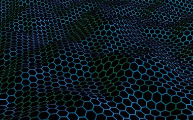 Petek mavi dalga etkisi koyu bir arka plan üzerinde. Çokgen in perspektif görünümü petek gibi görünüyor. Biyometrik geometri. 3d illüstrasyon