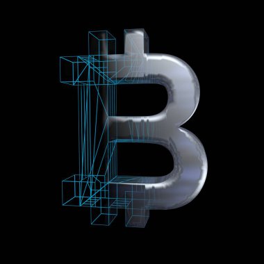 Bitcoin işareti, platin veya gümüş siyah bir arka plan üzerinde mavi bir ızgara dönüşür. 3d illüstrasyon