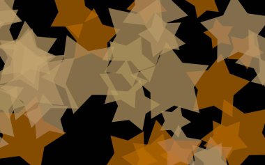 Koyu arkaplanda çok renkli saydam yıldızlar. Turuncu tonlar. 3B illüstrasyon