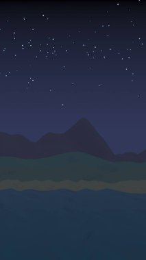 Yıldızlı aysız gökyüzü. Sahilde dalgalarla okyanus kıyısı. Dalgalar ile Ada plaj cenneti. Tatil, yaz, rahatlama. Deniz manzarası, deniz kıyısı. Minimalist manzara, ilkellik. 3d illüstrasyon