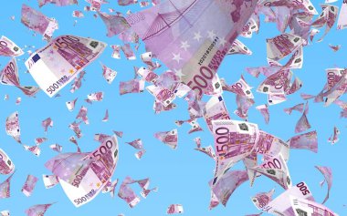 Arka planda Avro banknotları uçurmak. Havada para uçuyor. 500 EURO renkli. 3B illüstrasyon