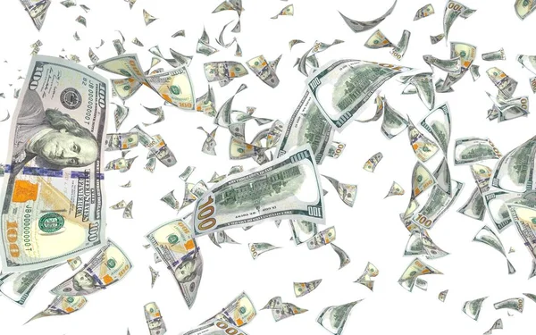 Uçan paralar beyaz arka planda izole edilmiş. Havada para uçuyor. 100 Amerikan doları yeni numune alıyor. 3B illüstrasyon