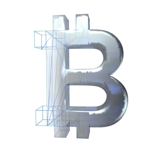 Bitcoin Sinal Platina Prata Transforma Uma Grade Azul Fundo Branco — Fotografia de Stock